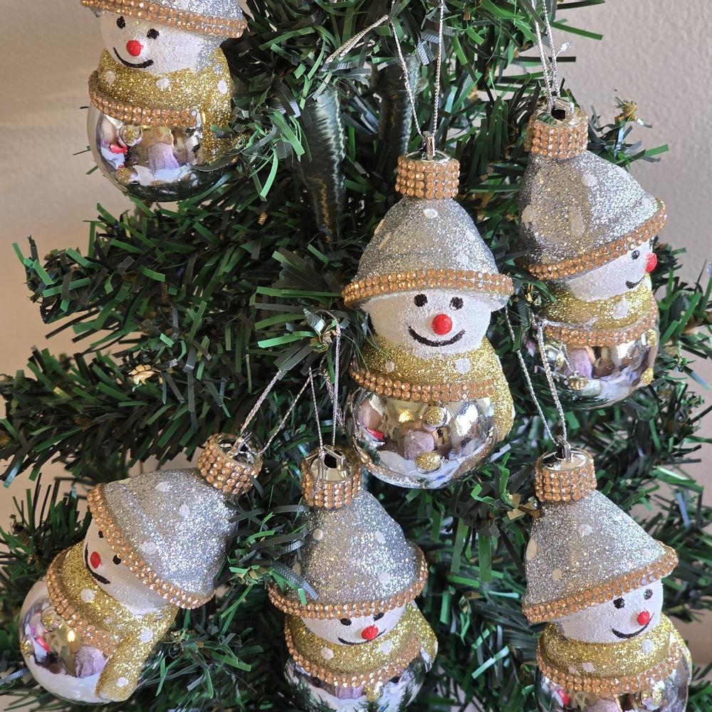 Glittering Snowman Ornaments with Gold and Silver Details 3 Inch New Handmade